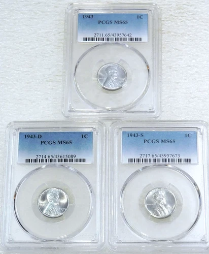 1943 P, D, S Lincoln Wartime Steel Cent PCGS MS65 Frosty set of 3 coins #H299B