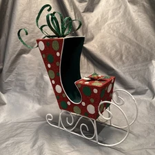 Pier 1 One VTG SANTA’S SLEIGH POLKA DOT BOW HOLLY CHRISTMAS Glitter 12.5” VGUC