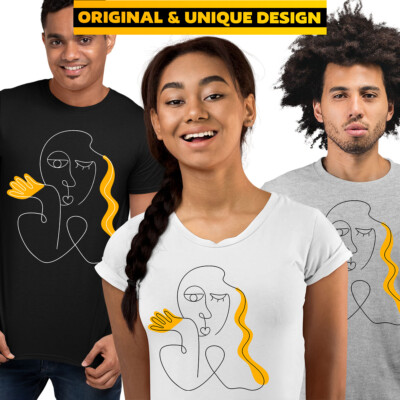 Frau Figur Einzeilige Zeichnung Abstraktes Gesicht Gelb Kurzarm TShirt Geburtstag 