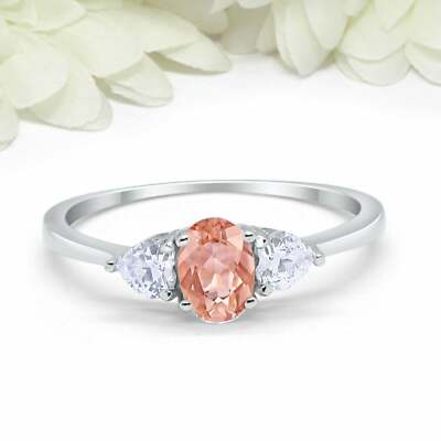 2ct Lab-Created Morganite Ring Lab-Created Moissanite Trilogy White Gold Plated