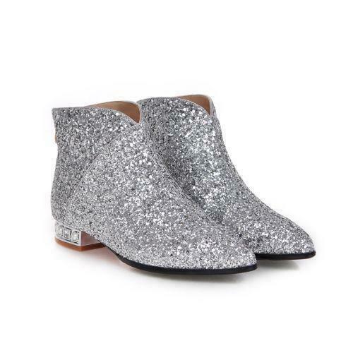 Ladies Cuban Heel Pointed Toe Shoes Zip Ankle Boots Shiny Glitter Shoes  Bootie