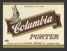 COLUMBIA PORTER BEER BOTTLE LABEL - UNUSED