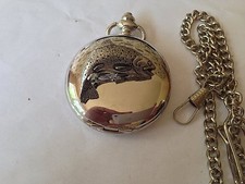 F1 Trout polished silver case mens GIFT quartz pocket watch fob