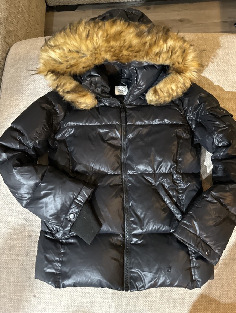 S13 NYC Jacket Womens Large Black Full Zip Faux Fur Trim Duck Down Puffer  Coat
