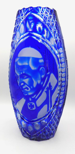 Pope John Paul II Bohemian Etched Cobalt Blue Crystal Vase Vintage Large 15" - 第 1/11 張圖片