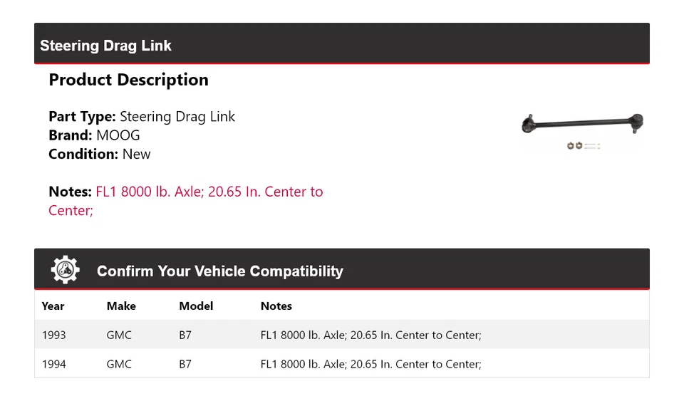 Enlace de arrastre de dirección MOOG para GMC B7 1993-1994 Foto 2 de 4