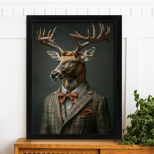 Vintage Stag In A Suit Portrait Retro Stag Wall Art Framed Picture Stag Print