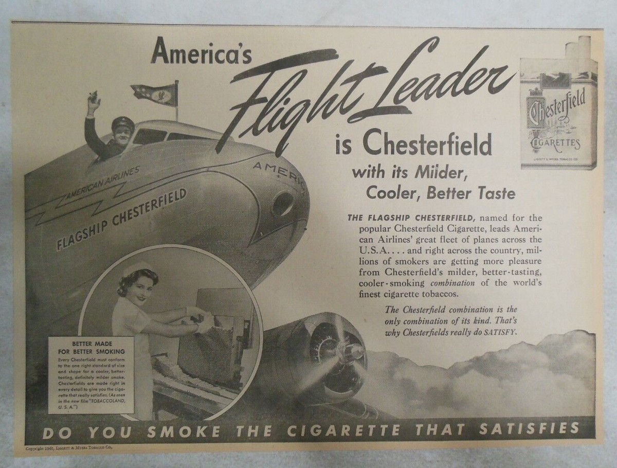 martin myers cigarette Chesterfield Cigarette Ad: American Airlines Flagship 1940 Size 10 x 14  inches