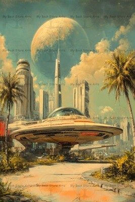 RETRO FUTURISTIC SPACE CITY ART PRINT, Vintage Sci-Fi Decor, Spaceship Poster