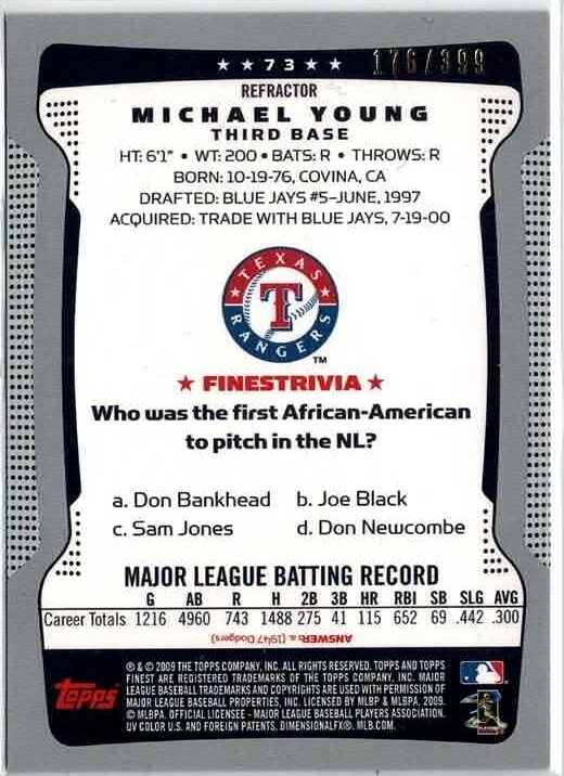2009 Topps Finest Michael Young (Rangers) Blue Refractor /399 Card No. 73 - Image 2 of 2