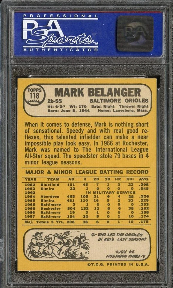 1968 TOPPS #118 MARK BELANGER PSA 10 ORIOLES - Image 2 of 2