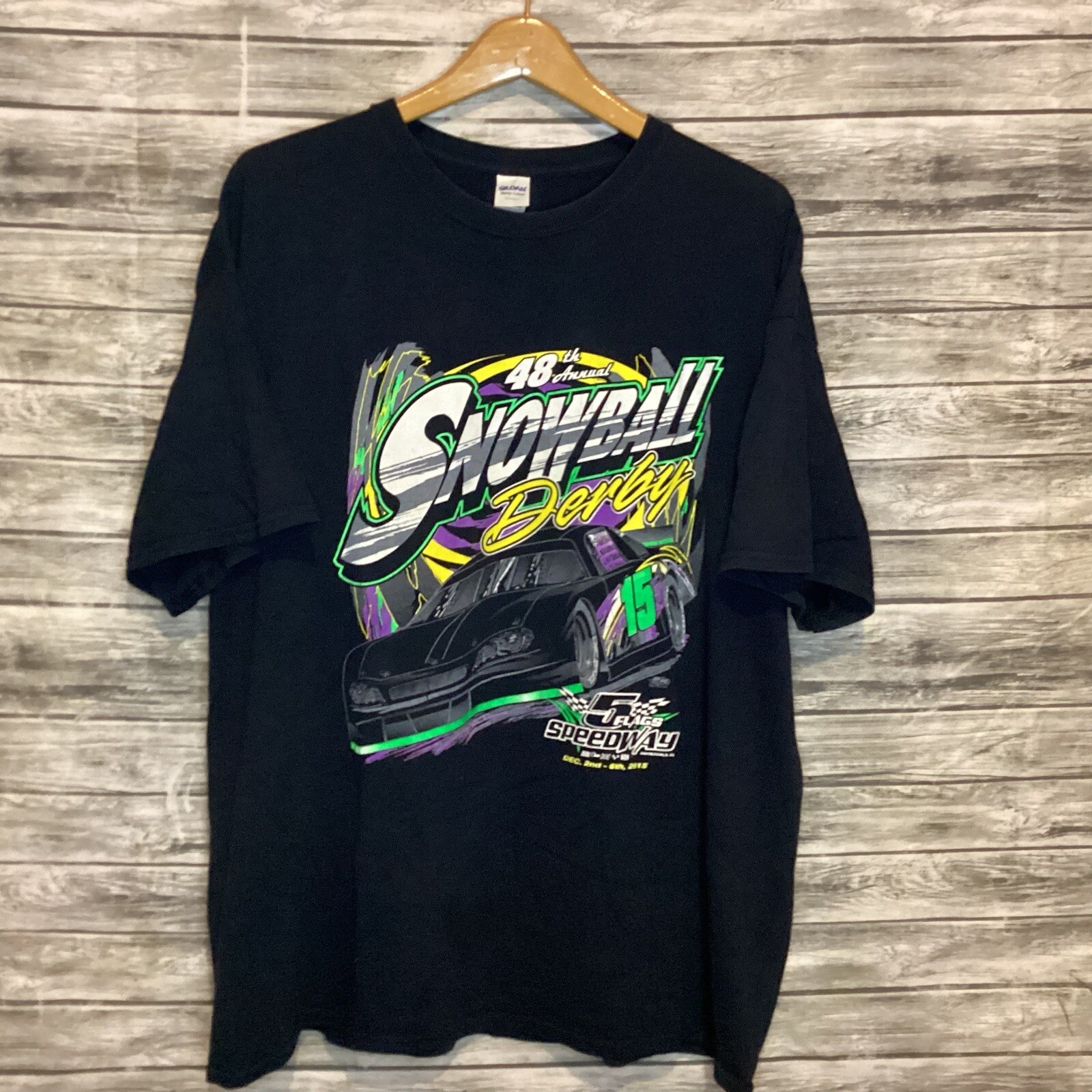 2015 Snowball Derby Shirt Mens 2XL Black 5 Flags Speedway Cars Racing Tee
