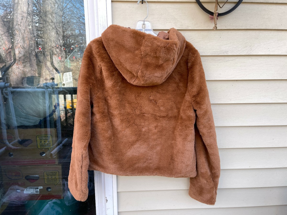 【新品】Abercrombie & Fitch ブラウンファーコート Lサイズ $140 Abercrombie & Fitch Brown Hooded Faux Fur Jacket SIZE S