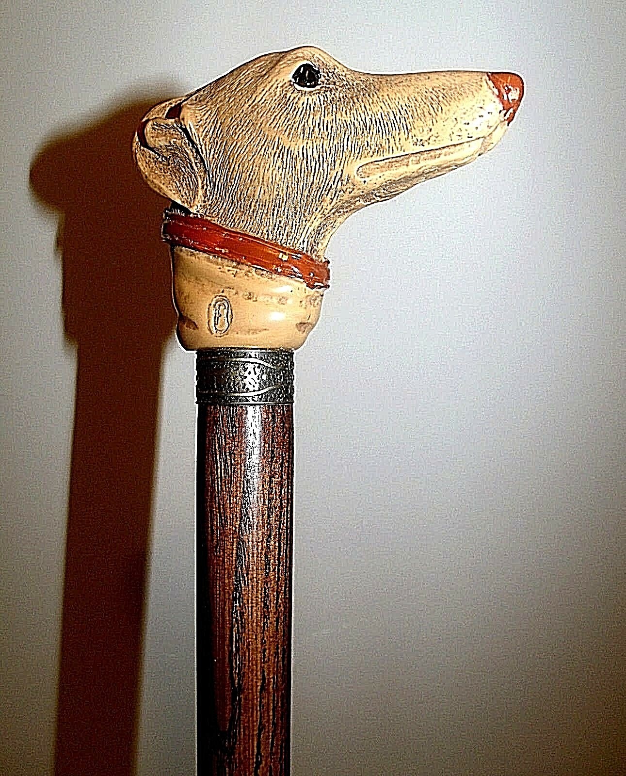COLLECTIBLE GREYHOUND WALKING STICK WOODEN BROWN STICK DOG HEAD WALKING