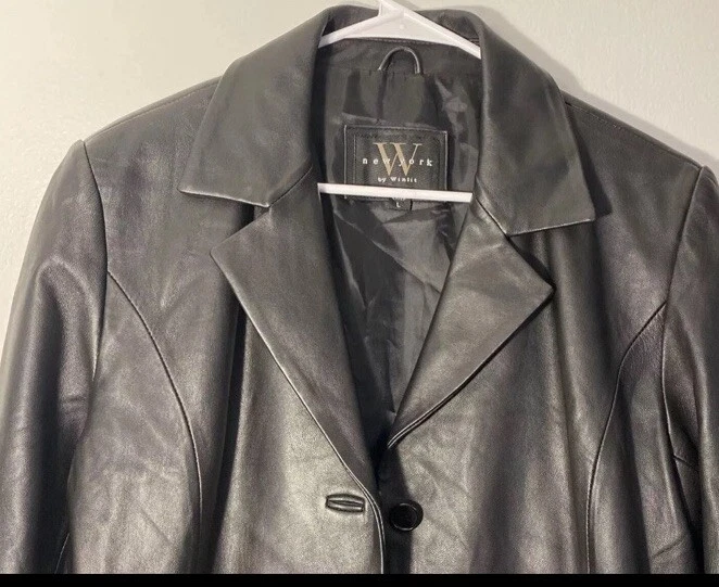 NEW YORK by WINLIT Mujer Abrigo Grande Largo Cuero Negro Como Nuevo Foto 2 de 4