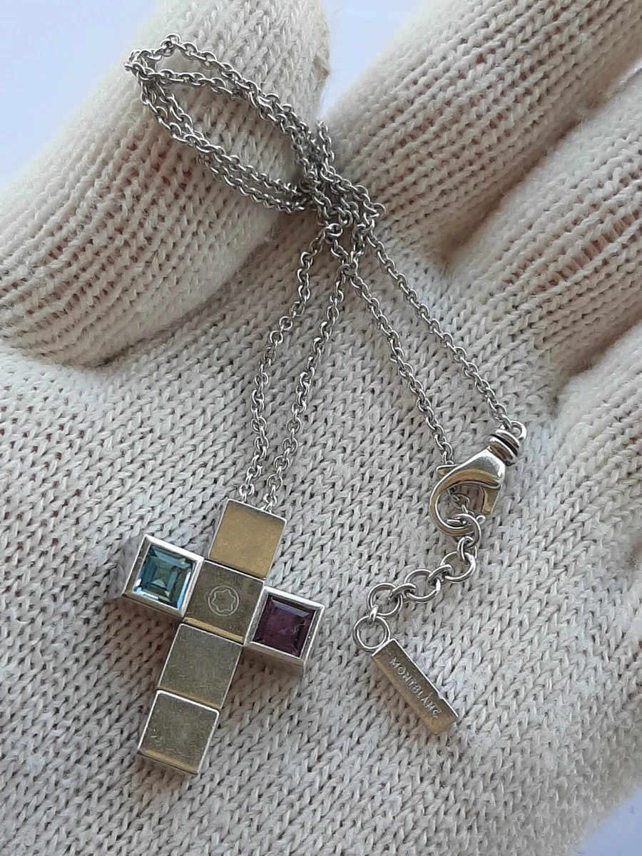 MONTBLANC CROSS NECKLACE CUBE STERLING SILVER 925 BLUE PURPLE STONE
