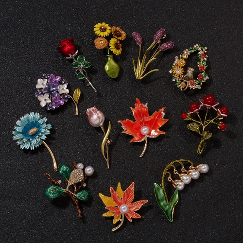 Vintage Plant Brooches For Women Elegant Flower Enamel Pin Pearl Jewelry Gift