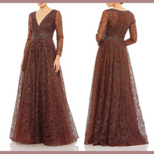 NWT Mac Duggal [ 8 ] 20372 Embellished Long Sleeve V Neck Gown Chocolate #S776