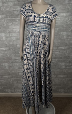 Chaps Medium Beige & Blue Short Sleeve Long Midi Dress 100% Cotton