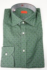 Isaia Napoli Emerald Green Floral Long Sleeve Cotton Dress Shirt Sz 15.5/39 NEW