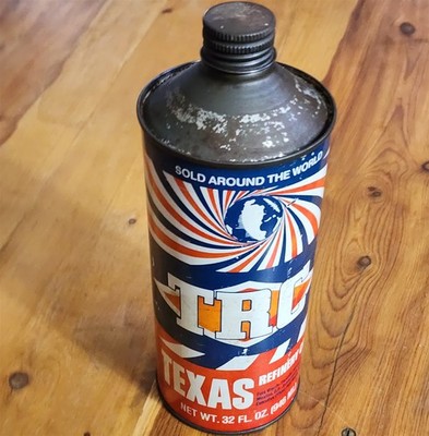 VINTAGE EMPTY TEXAS REFINERY CORP TRC FUEL STABILIZER CONE TOP METAL CAN 8.75'' 