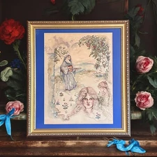 Original Watercolor-Vintage Framed Artwork-Art Nouveau-Renaissance-Portrait-Muse