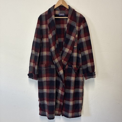 Vintage Pendleton Robe Men XL Red Shawl Collar Virgin Wool Plaid Belted ...