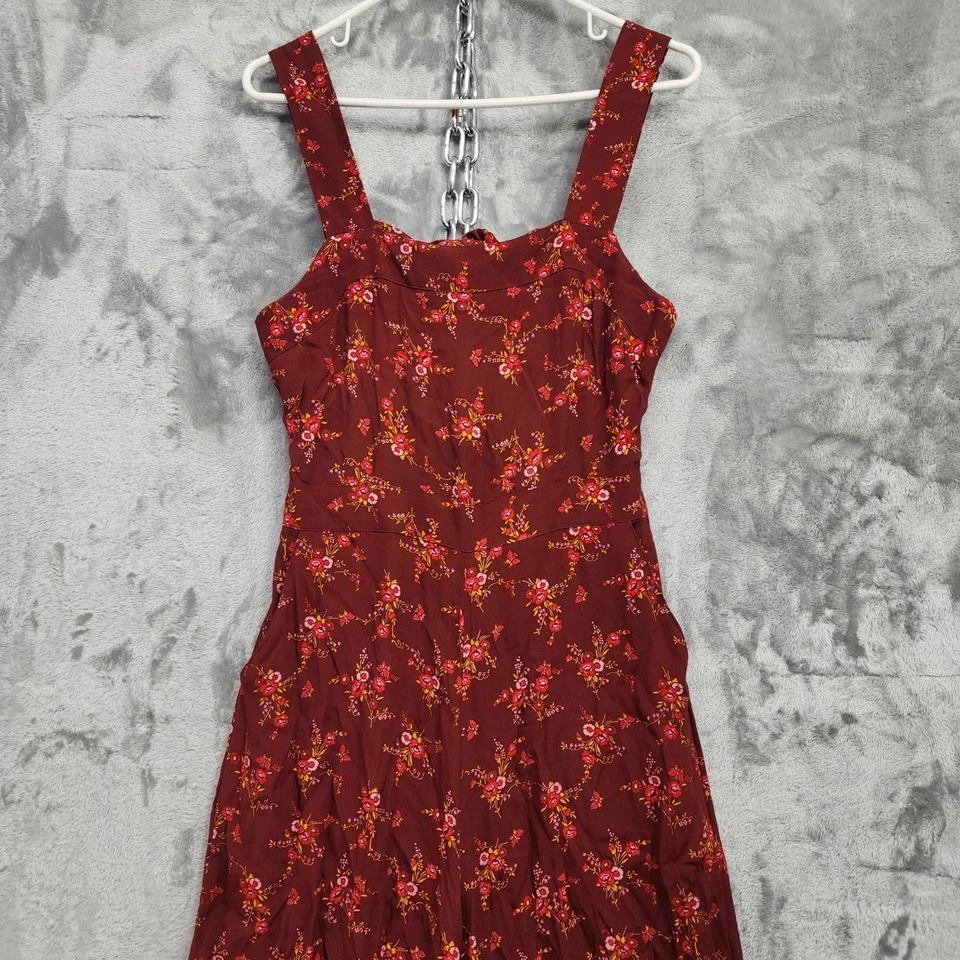 Madewell Jumpsuit Womens 2 Red Maroon Windowbox Floral Apron Bow-Back Zip Cutout - Image 2 of 4