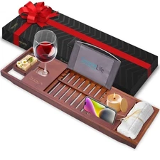 SereneLife Natural Bamboo Bathtub Caddy-Shower Tub Caddy Tray, Adjustable- Brown