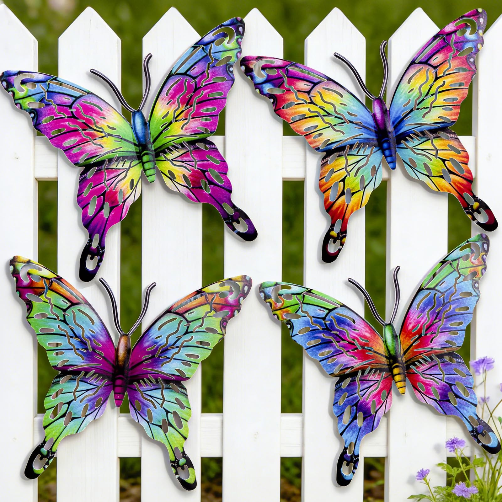 5 Hanging Large 9 Inch Colorful Metal Butterflies Wall Art Outdoor Patio Decor