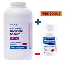 Major Docusate Sodium 250 mg Softgels Stool Softener 1000ct + Bonus  100mg #100
