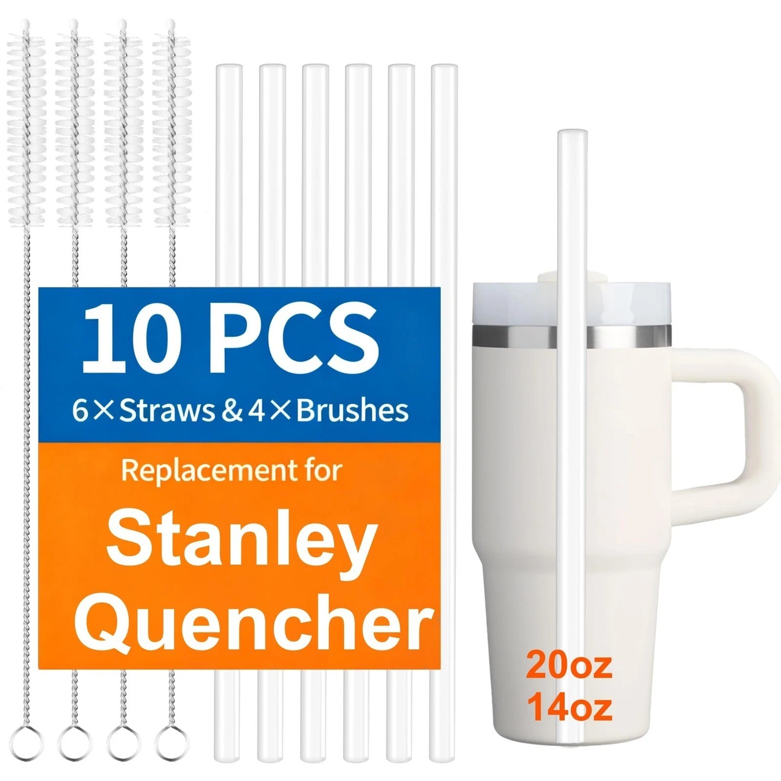 10 Pack Replacement Straws 9.37in for 14/20oz Tumblers Reusable BPA Free Clear
