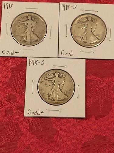 1918-P, D, & S Walking Liberty Half Dollars, Good+/Good Condition
