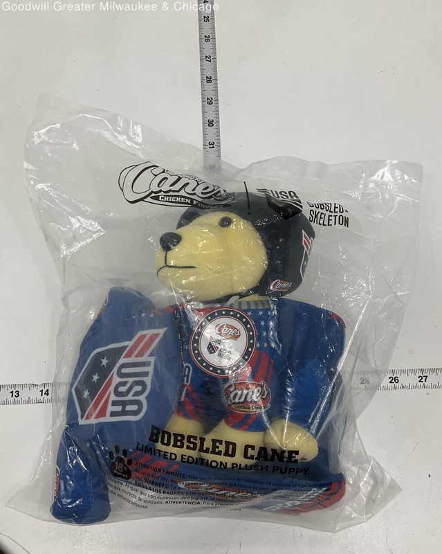 Raising Canes Blue Yellow Black Bobsled Cane Plush Puppy US Olympic Team