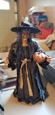 Vintage Black Paper Mache Witch with Jack-O-Lantern 14" Technically Fabric Mache