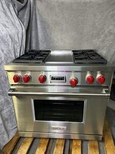 WOLF DF364G 36” Dual Fuel Gas Range Red Knobs Convection W Griddle Ships Free