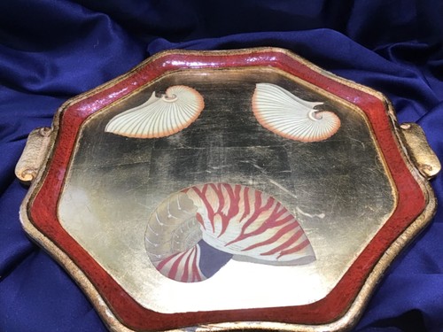 VIETRI FLORENTINE GOLD lacquer WOOD TRAY nautilus shell motif HANDLES beautiful! - Picture 2 of 12