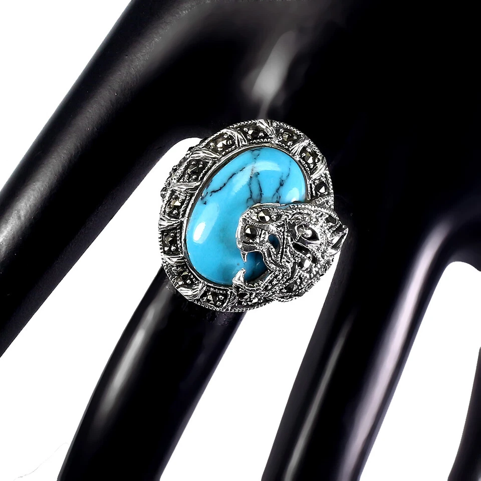925 Sterling Silver Stabilized Oval Blue Turquoise 18x13mm Marcasite Tiger Ring - Image 3 of 4