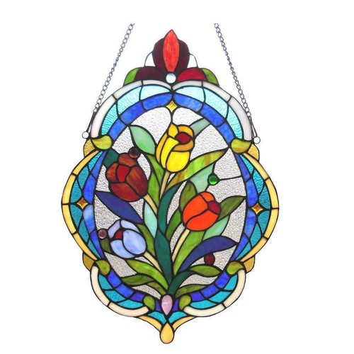 Tiffany Style Stained Glass Oval Tulip Suncatcher Window Panel Hanging 15x22in - Bild 3 von 4