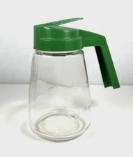 Vintage  Syrup Pitcher Mid-Century Glass Jar Green Plastic Lid Handle
