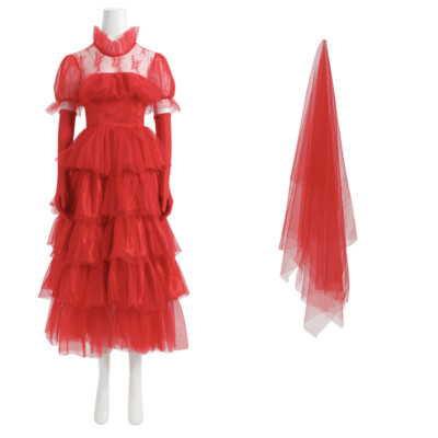 Beetlejuice 2 Cosplay Costume Lydia Red Wedding Dress Retro Lace Gown Veil