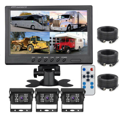 9'' QUAD SPLIT MONITOR SCREEN 3x REAR VIEW BACKUP CCD CAMERA SYSTEM FOR TRUCK RV