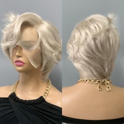 White Blonde Short Pixie Cut Brazilian Human Hair Lace Front Wigs L Part Layered