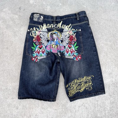 Vintage Christian Audigier Men's Jorts Denim Embroidered Y2K Sz 38