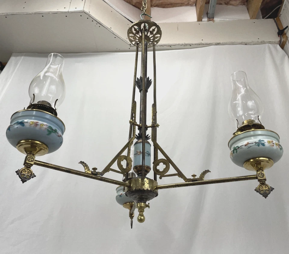 Antique Victorian Aesthetic Eastlake Oil Kerosene Hanging Chandelier Porcelain - Image 3 of 4