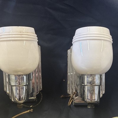 Vintage Pair Wall Sconce Lights White Milk Glass Shades Chrome Finish
