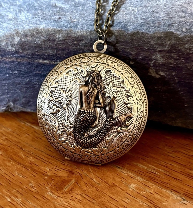 Vintage Mermaid Locket Necklace, Antiqued Brass, Sea Life Art, Pillbox Pendant