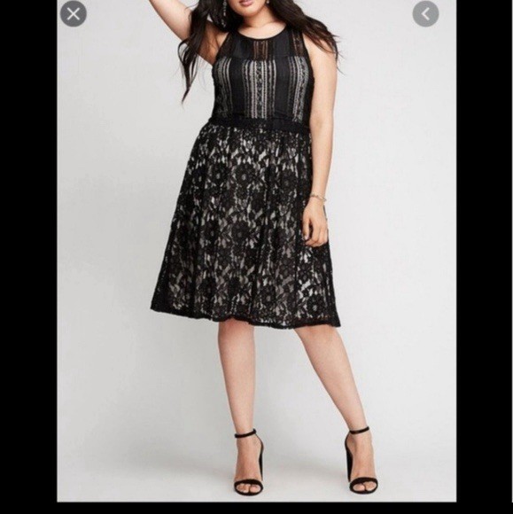 Lane Bryant Black Lace Fit & Flare Dress 16 Sleeveless Knee Length Plus
