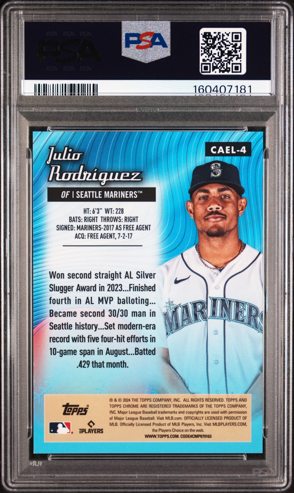 2024 TOPPS CHROME L/E CHROME ALL ETCH GOLD REFRACTOR JULIO RODRIGUEZ 6/50 PSA 10 view 2