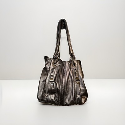 Makowsky Silver Metallic Leather Hobo Shoulder Bag Purse Leopard Lining VTG
